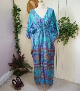 Sharma Silky Kaftan Blue And Purple Dress Robe  One Size Boho Style  No.5 - Picture 1 of 9