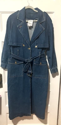 VTG 90s Together! Trench Coat Denim Duster Long Jean 8 Blue Belted Pocket Unique - Image 1 of 3