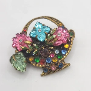 Spilla ceca vintage cesto di fiori in cristallo tono oro - Foto 1 di 11