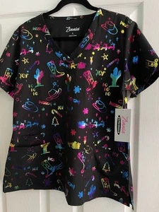 Zinnia Foil Black Cowboy Christmas Womens 3 Pocket Scrub Top Size L New W/Tag - Picture 1 of 7