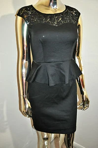 SEXY BOMBSHELL SHEER LACE TOP BLACK PEPLUM WIGGLE DRESS SIZE L - Picture 1 of 12