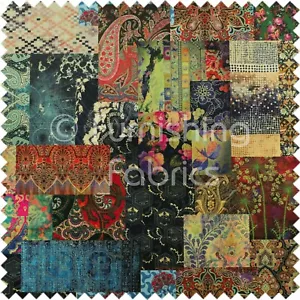 Modern Printed Velvet Wonderland Patchwork Multi Coloured Upholstery Fabric - Picture 1 of 5