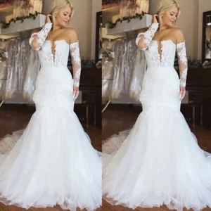 Mermaid Wedding Dresses Off the Shoulder Long Sleeves Lace Applique Bridal Gowns - Picture 1 of 10