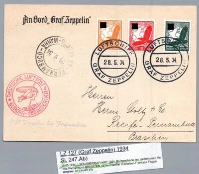 Zeppelin Beleg Graf Zeppelin - 4. Südamerikafahrt 1934 n. Pernambuco - Bild 1 von 2