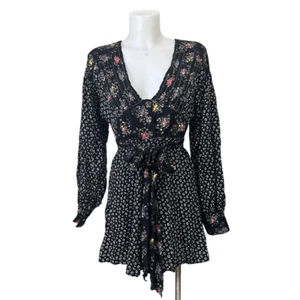 Free People Wonderland Printed A-Line Mini Dress Black Floral sz Small New - Picture 1 of 11