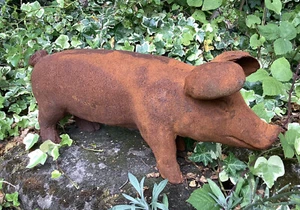 METAL LARGE RUSTY CAST IRON PIG / PIGLET STATUE GARDEN ORNAMENT π·π - Picture 1 of 10