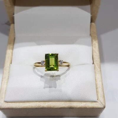 14k Yellow Gold Natural Peridot and Diamonds Gemstone Solitaire Dainty Ring - Image 1 of 4