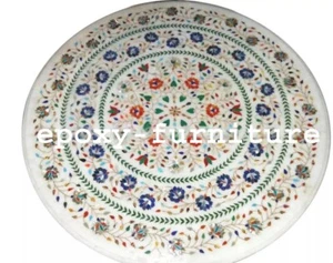 24" Marble Round Marquetry Top Coffee Table Lapis Inlay Floral Mosaic Art Decor - Picture 1 of 8