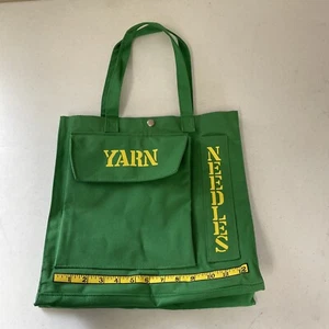 Knitting tote bag, green canvas, pockets on the front, printed ruler graphic - Picture 1 of 10