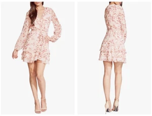 BARDOT Pink Floral Peach Long Sleeve Belted Chiffon Cocktail Mini Dress 8 = M - Picture 1 of 2