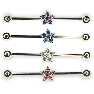 Barra industrial 14 g púrpura azul rosa aurora boreal brillante circonita cúbica flor H Foto 1 de 2