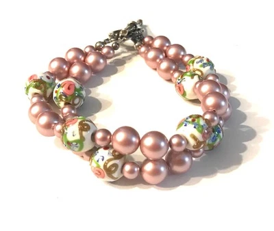 Pulsera de vidrio arte pastel boda Fiorito perla concha sur rosa 2 hilos de colección 7,5" Foto 1 de 4