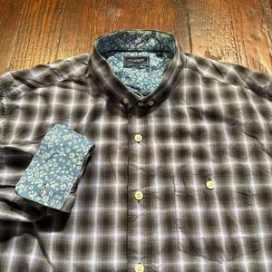 7 Diamanten Hemd Herren XL grau blau kariert Blumen Flip Manschette Baumwolle - gebraucht, in einwandfreiem Zustand - Bild 1 von 11