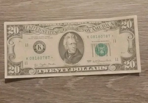 $20 1977 Dollar Bill Star Note Dallas Twenty Serial No. K08180787* Circulated - Picture 1 of 2