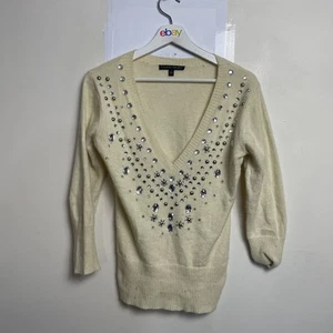 Charlie Brown Angora Blend Sweater Jumper Beige Embellished Diamond Detail Sz S - Picture 1 of 14