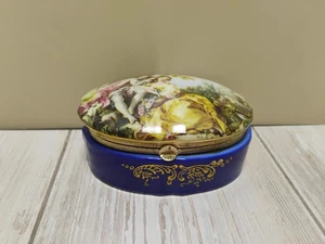 VTG Porcelain Trinket Box Courting Couple Victorian Andrea By Sadek Cobalt Blue - Picture 1 of 8