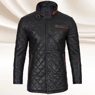 Men's Black Leather Quilted Jacket Genuine Sheepskin Leather Car Coat - Image 1 of 4