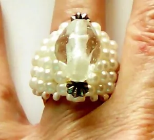 Handmade Stretch Off-White Beaded Dome Cocktail Ring Large Clear Center Bead - Picture 1 of 2