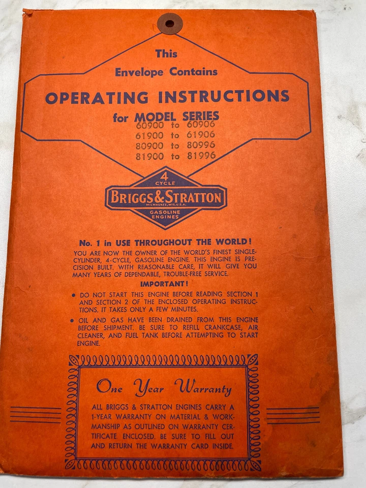 Instrucciones de funcionamiento Briggs & Stratton 1967 de colección Foto 1 de 1