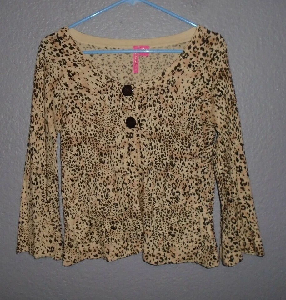 Cárdigan Charlotte Tarantola Estampado Animal Manga 3/4 Suéter Mujer’s PEQUEÑO EUC Foto 1 de 4