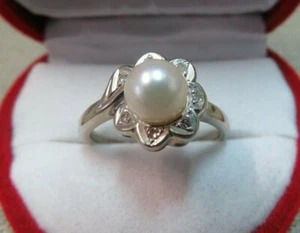 14k Solid White Gold Pearl And Diamond Ring 3.23 Grams Size 6.75 - Picture 1 of 10