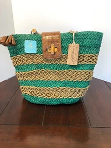 Caribbean Joe Summer Rattan Purse Beach Bag with Bamboo Handle-Tan/Turquoise NEW - Picture 1 of 7