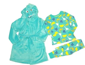 Kids Dinosaur Robe & Pyjamas 3 Piece Set Hooded Gown Ages 3-8 Years - Picture 1 of 4