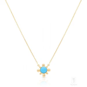 14K Gold Natural Turquoise Gemstone Floral Pendant Necklace - Picture 1 of 3