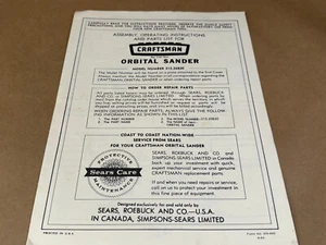 VINTAGE ORIGINAL SEARS CRAFTSMAN ORBITAL SANDER OWNERS MANUAL 315.25820 - Picture 1 of 4