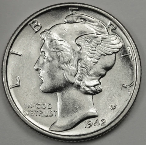 1942-s Mercury Dime. 100% Full Separated Horizontal Bands.Choice BU(Inventory B) Cover