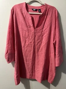 Lands' End Pink Woman’s Linen Top 3/4 Sleeves, Slits Notch Neck Pockets Side - Picture 1 of 8