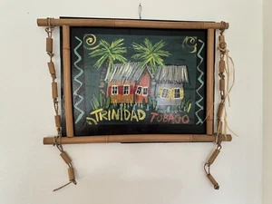 Tiki Bar Hand Painted Wall Art Bamboo Framed Trinidad Tabago Huts 16"x24 Vintage - Picture 1 of 12