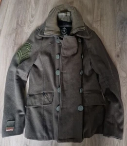 Superdry NAVY LABEL Classic Pea Coat GREEN needs Lining Repair Jacket Size S - Picture 1 of 14