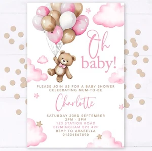 Personalised Baby Shower Invitations | Pink Girl Neutral Bear | pack of 10 - Picture 1 of 1