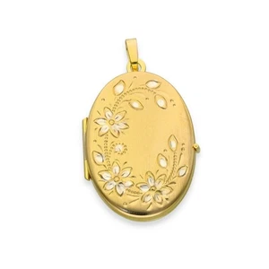 9ct Yellow & White Gold Flower Engraved Oval Locket - 21x30x5mm - Picture 1 of 7