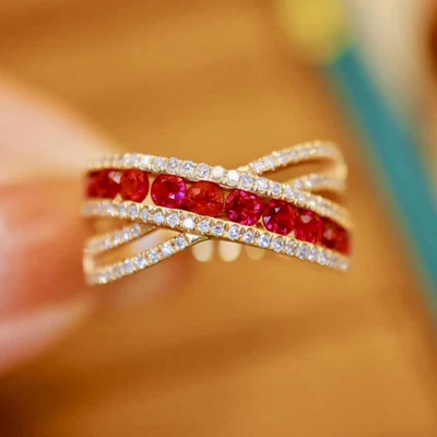 ruby Band & white moissanite 92.5 sterling silver Gold plated band for women's - Image 1 of 4