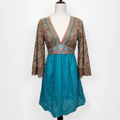 Vestido De Colección Años 90 Tomate Volador Para Mujer Pequeño Azul Imperio Cintura Crochet Boho Indie Foto 1 de 4