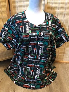 Sanibel Scrubs Christmas Scrubs Top Cartoon Writing XL Black (H636) - Picture 1 of 9