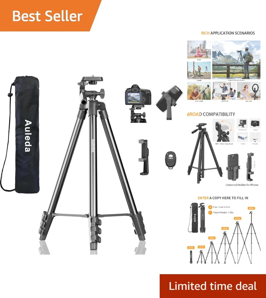 60″ Camera Tripod Stand Compatible with Canon Nikon DSLR Cameras Max Load 6.6 LB - Image 1 of 4