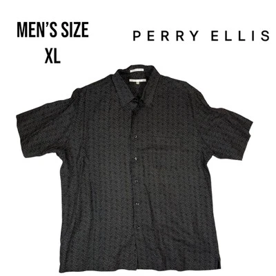 Perry Ellis Men’s XL Button Up Shirt Black Gold Linen Blend Short Sleeve Resort - Image 1 of 4