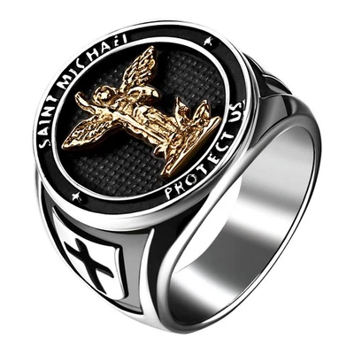 Mens St. Michael Archangel Ring Stainless Steel Catholic Medal Shield Cross Band - Image 1 of 4