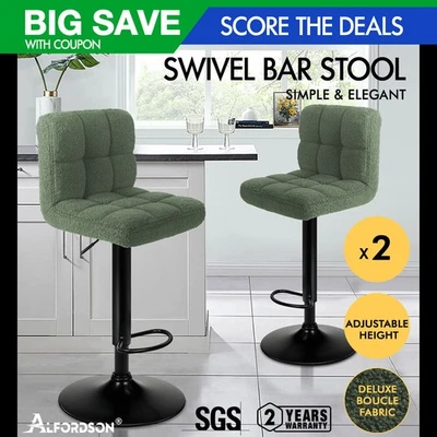 ALFORDSON 2x Bar Stools Ralph Kitchen Swivel Chair Boucle Gas Lift Green - image 1 of 3