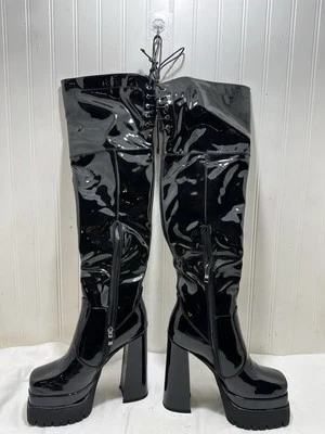 Black 1960s Gogo Dancer Hippie 70s Knee High Mens Drag Queen Boots size 8 EU 38 - Image 1 of 4