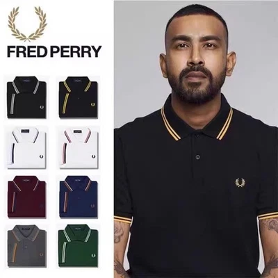 FRED PERRY Men's Cotton Summer Casual Short-Sleeved Embroidered Wheat Ear Lapel Polo Shirt