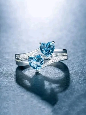 Silver-Plated Copper Double Baby Blue Rhinestone Hearts White Inlaid Size 8 - Image 1 of 3