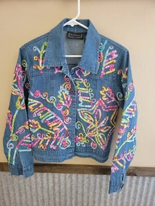 VTG New Direction Denim Jean Jacket Fun Theme Embroidery Patchwork Size S - Picture 1 of 6