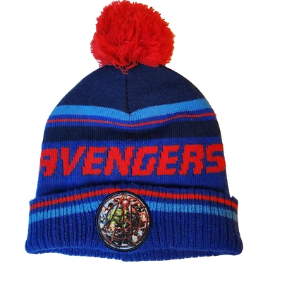 Marvel Avengers Youth Knit Beanie Hat Toboggan Skull Cap With Blue Red Pompom - Image 1 of 4