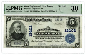1902 $5 National Banknote PMG 30 VF West Englewood NJ Fr#609 Plain Back CH#12402 - Picture 1 of 2