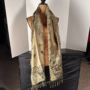 Luxurious 100% Pashmina Scarf Olive Green Gold Floral Vine 70" x 27” Shawl Wrap - Picture 1 of 4