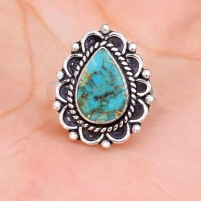 Anello Fatti A Mano In Argento Sterling 925 Con Turchese Blu E Rame Per Donna - Immagine 1 di 4